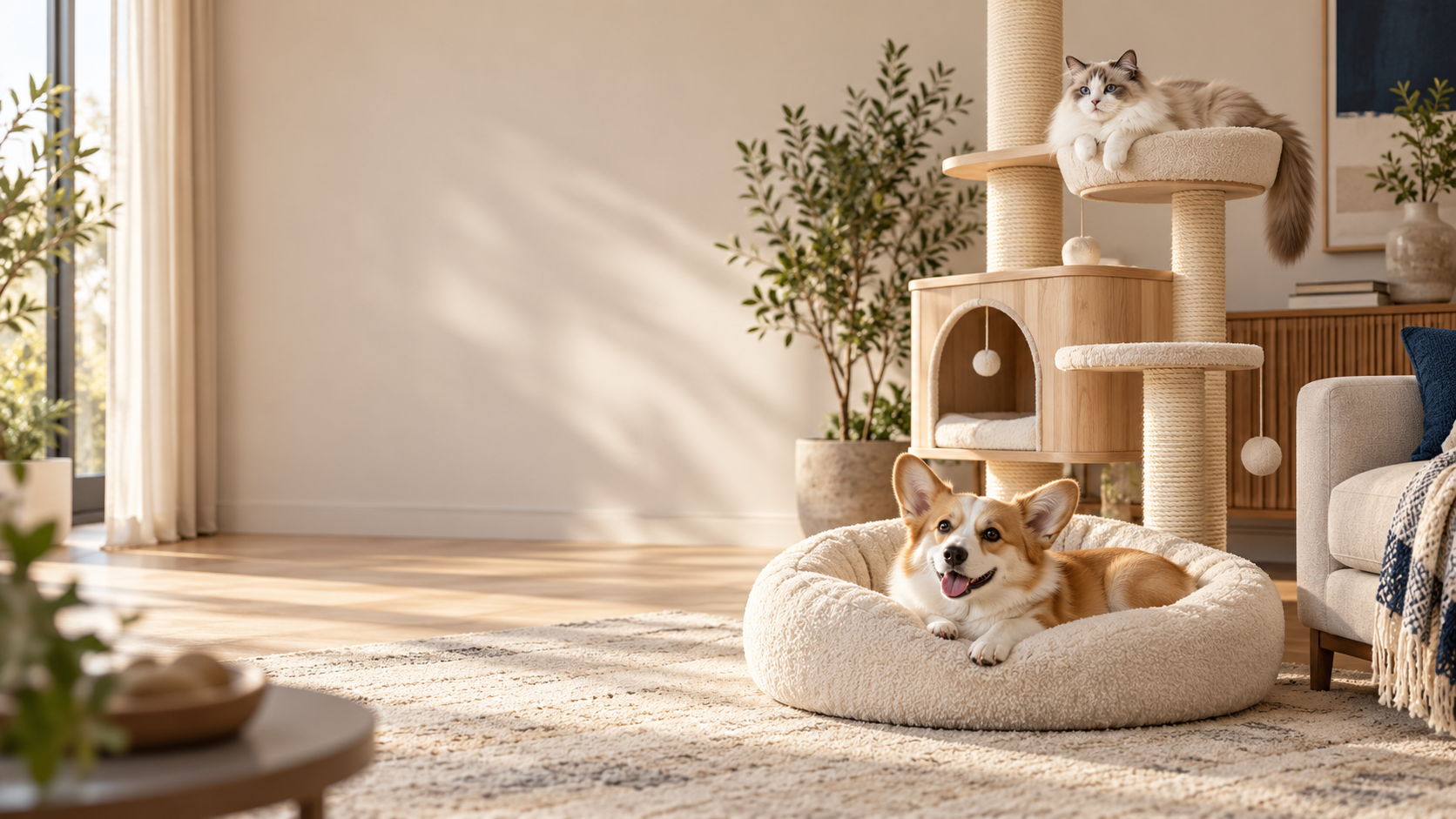 Pet furniture in a warm, modern home