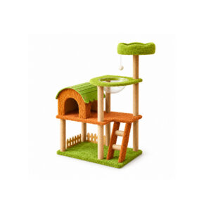Green Cat Tree with House and Clear Bowl