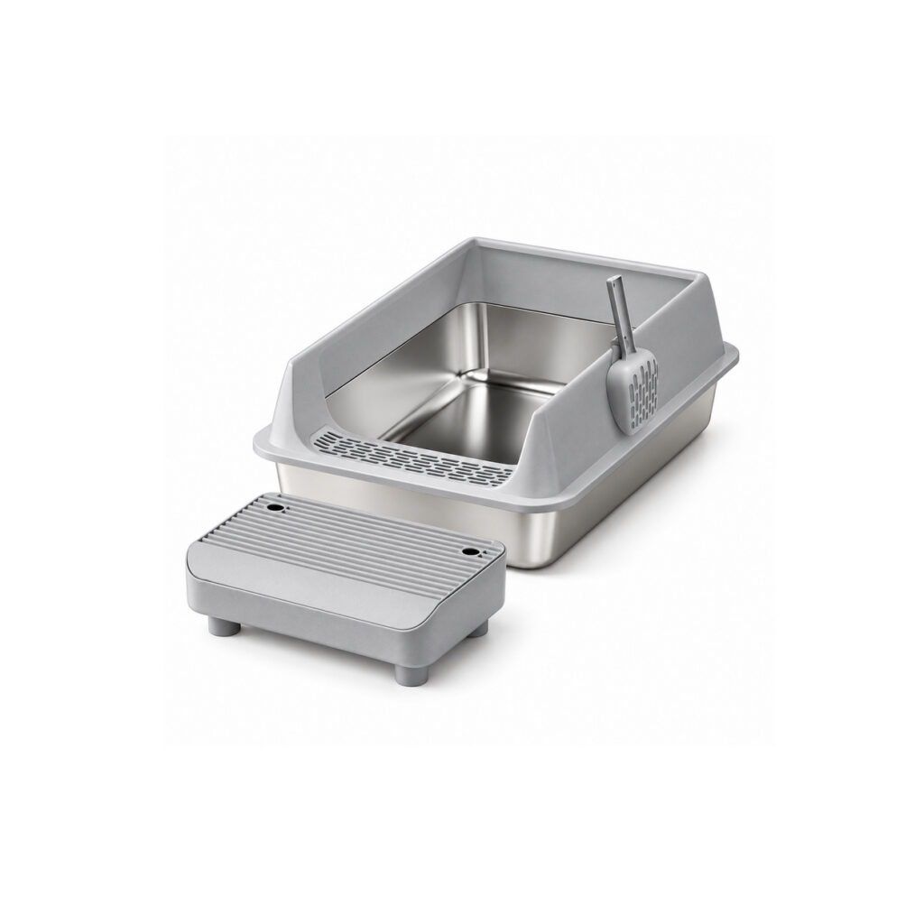 Large Stainless Steel Litter Box with Tracking Step